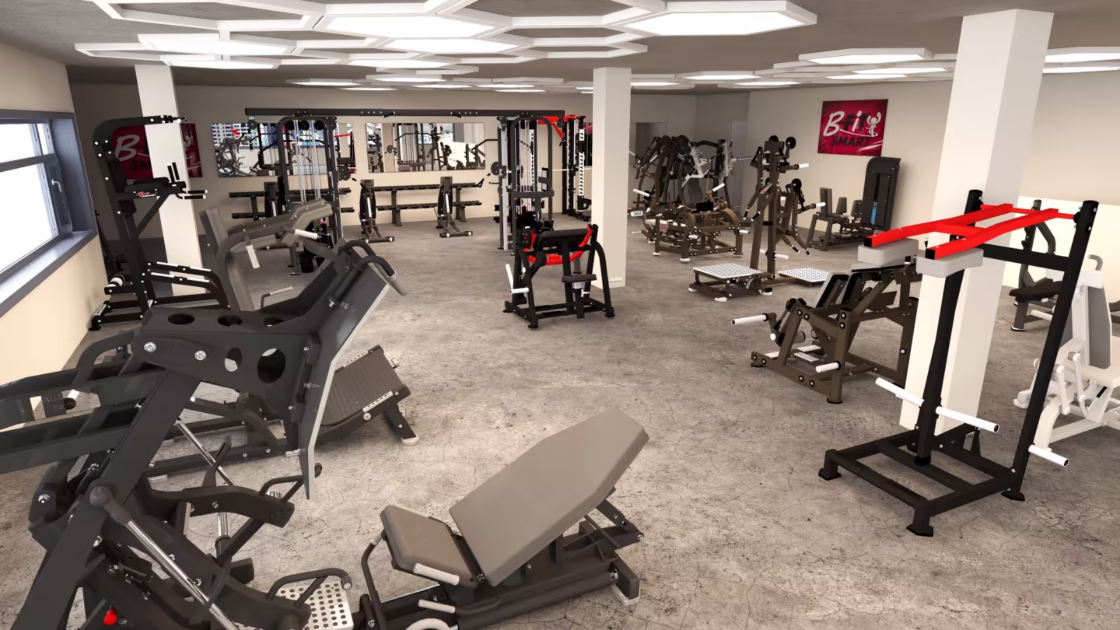 Visualisierung B-FiT Smart Cadolzburg: Trainingsfläche mit Beinpresse, Racks und Kraftstationen